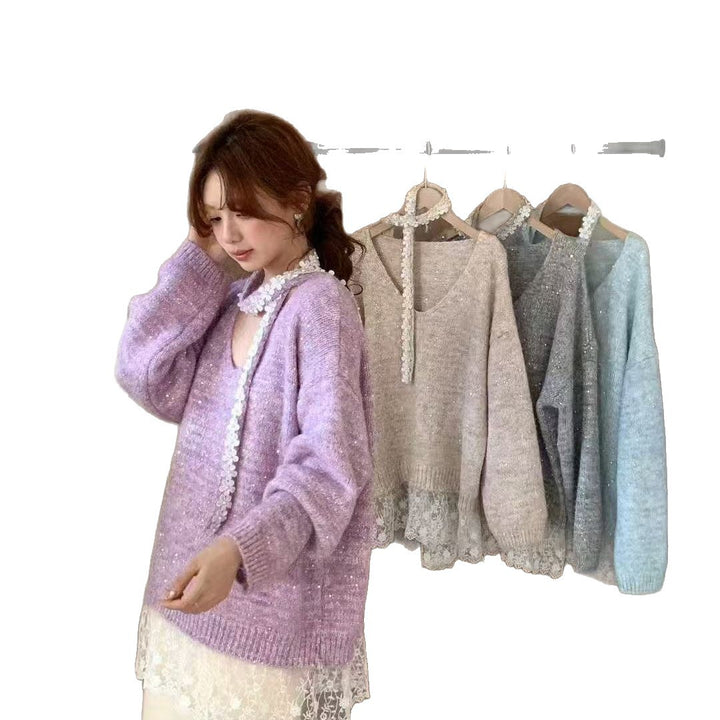 Damen gemütlicher Strickpullover mit elegantem Spitzenunterteil Drune