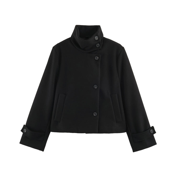 Damen Kurzjacke im Boxy‑Schnitt mit hochschließendem Schlauchkragen und asymmetrischer Knopfleiste Drune