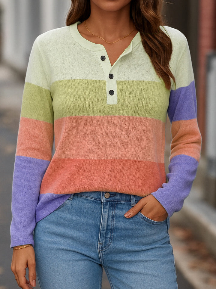 Damen Gestreifter Feinstrickpullover mit Henley-Knopfleiste Drune