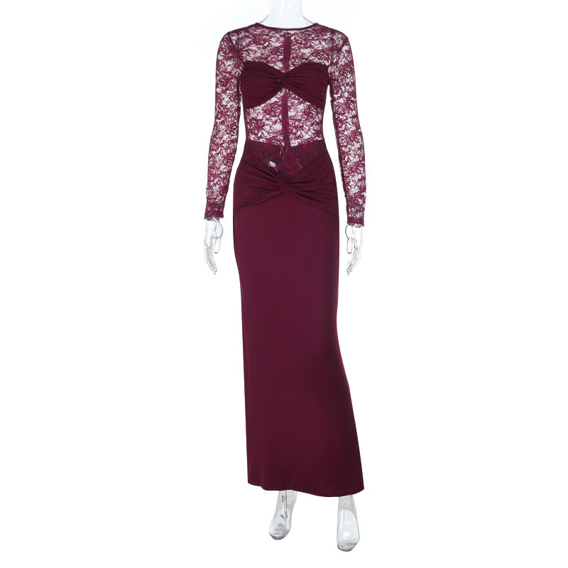 Damen elegantes Langarmkleid mit Spitzenoberteil und figurbetontem Schnitt Drune