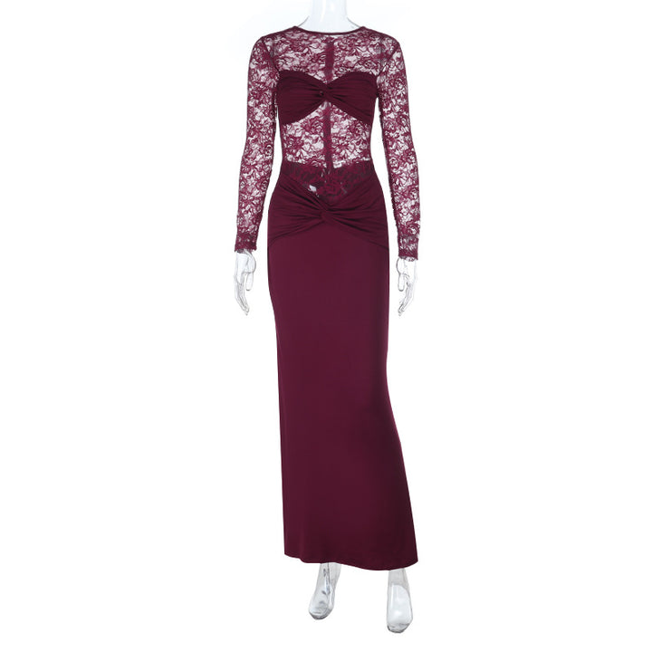 Damen elegantes Langarmkleid mit Spitzenoberteil und figurbetontem Schnitt Drune