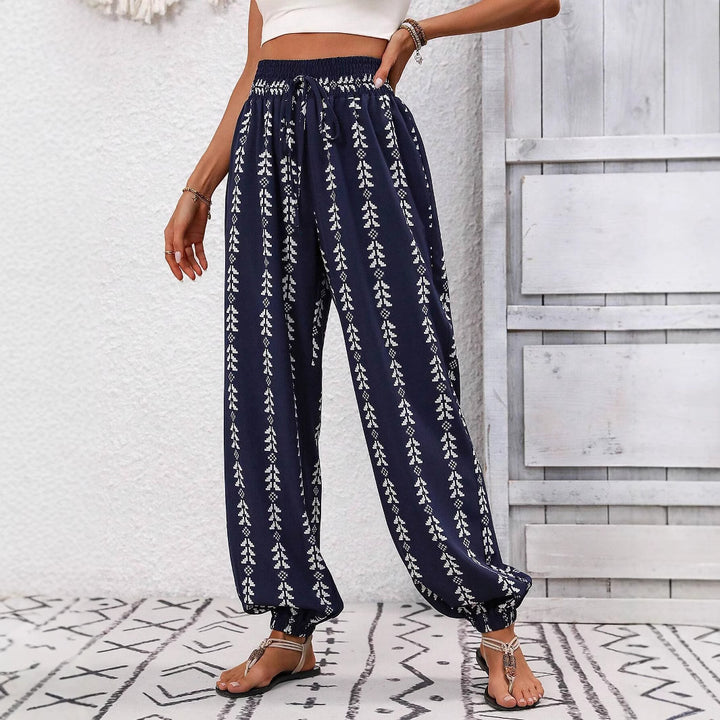 Damen Locker geschnittene Leinenoptik-Hose mit Smokbund, Kordelzug und Ethno-Print Drune