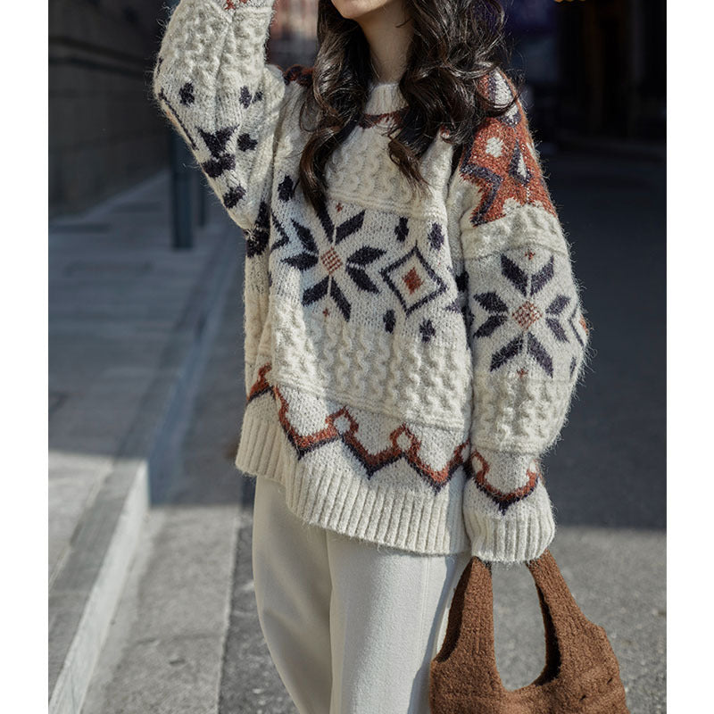 Damen Grobstrickpullover mit geometrischem Muster und Rundhalsausschnitt Drune
