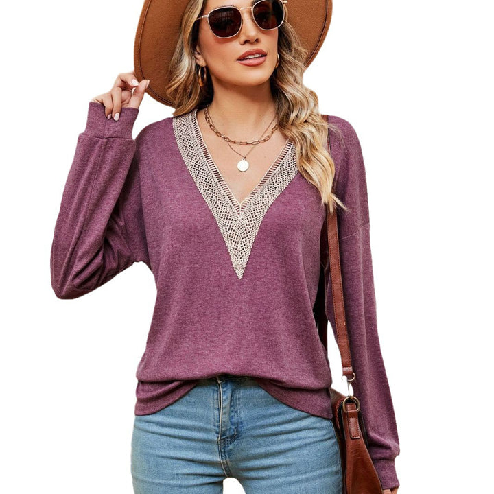 Damen V-Ausschnitt Pullover mit Spitzenakzenten und lässigem Schnitt Drune