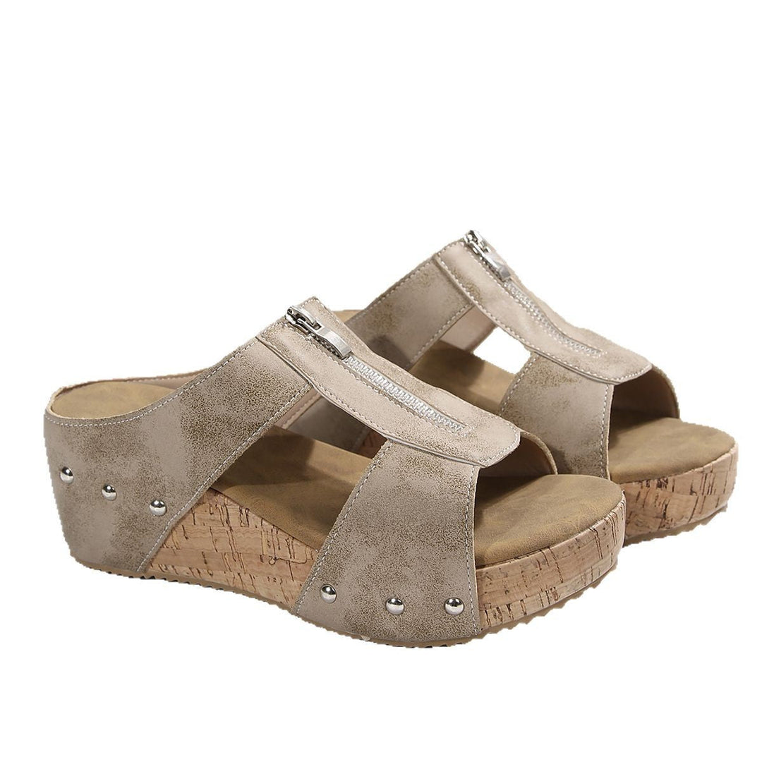 Damen Komfortable Keil-Sandalen mit Reißverschluss und Ziersteinchen Drune