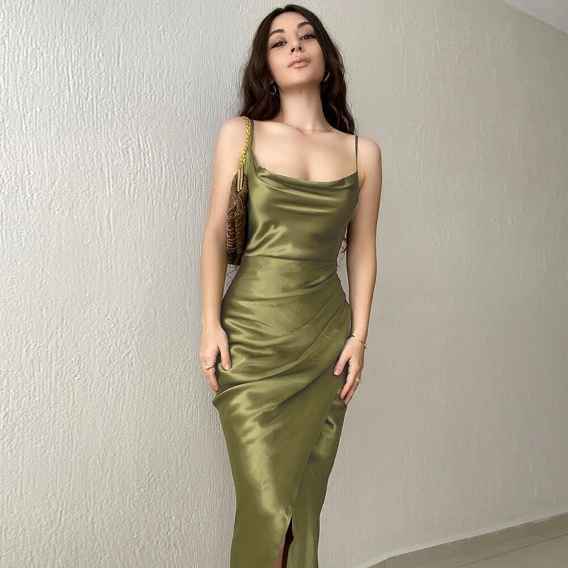 Damen modernes Satin-Midi-Kleid mit elegantem Wasserfallausschnitt und seitlichem Schlitz Drune