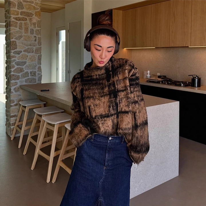 Damen Flauschiger Pullover im Vintage-Karo mit hohem Kragen und ausgefranstem Saum Drune