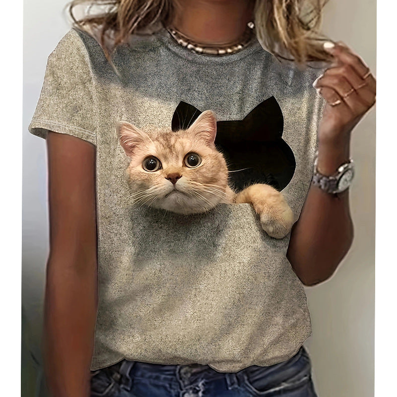 Damen T-Shirt mit 3D-Katzenmotiv und kreativem Rissdesign Drune