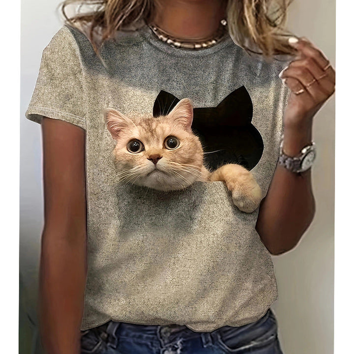 Damen T-Shirt mit 3D-Katzenmotiv und kreativem Rissdesign Drune