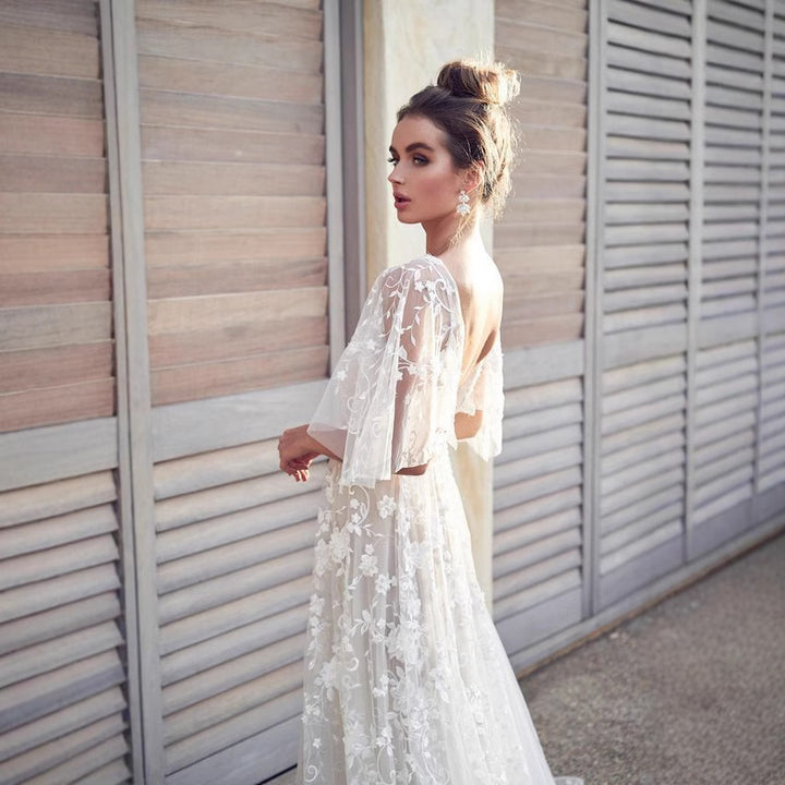 Damen Abendkleid mit floralen Stickereien und Spitzenärmeln Drune