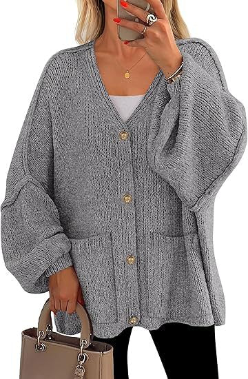 Damen Oversized Strickjacke mit Knöpfen und großen Taschen Drune