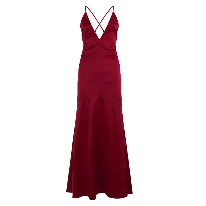 Damen elegantes Maxikleid mit tiefem V-Ausschnitt und fließendem Stoff Drune