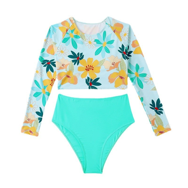 Damen Sportlicher Langarm-Bikini Oberteil mit floralem Muster Drune