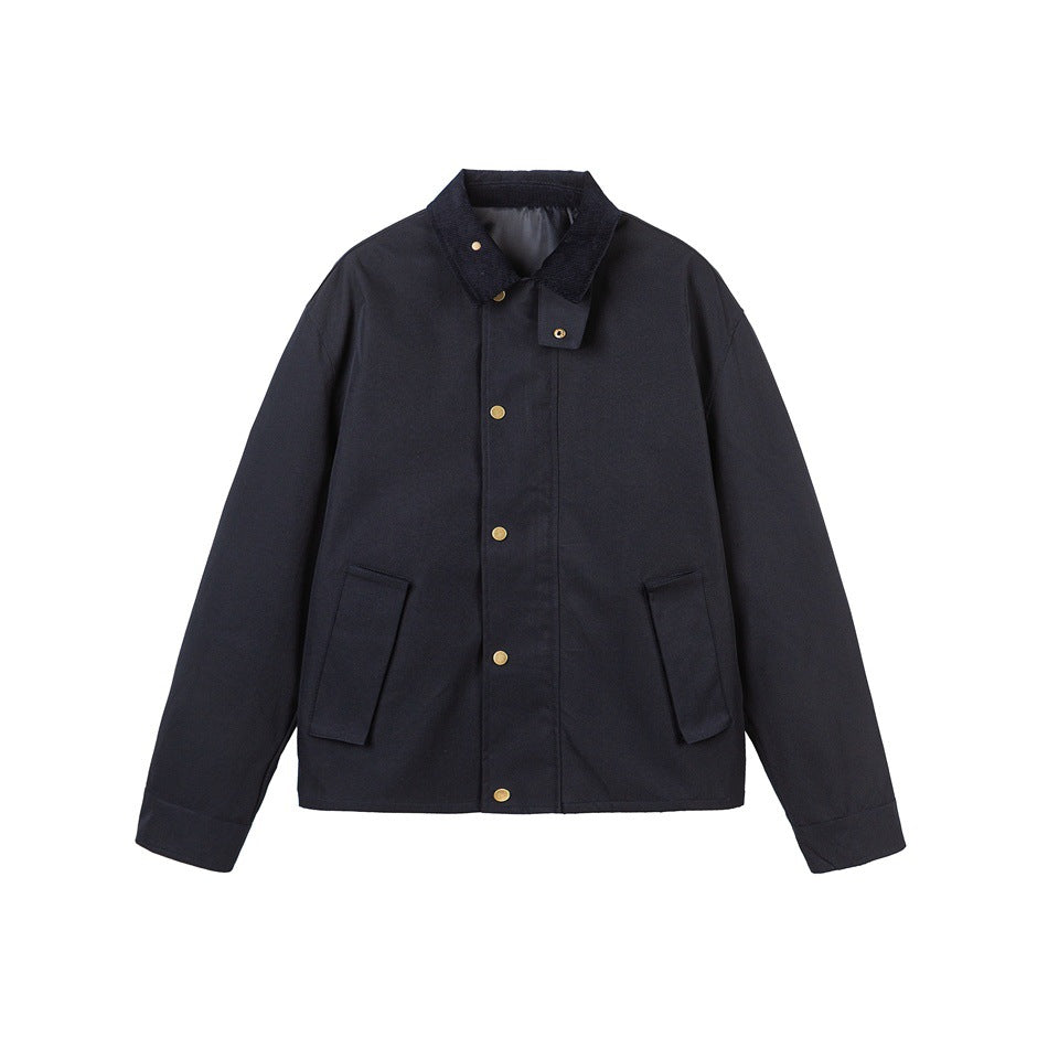 Herren Kurz geschnittene Canvas‑Fieldjacke mit Cordkragen und verdeckter Druckknopfleiste Drune