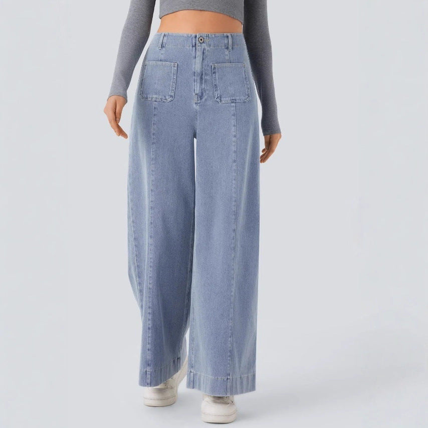 Damen nan hochtaillierte weite Jeanshose mit aufgesetzten Fronttaschen und vertikaler Ziernaht Drune