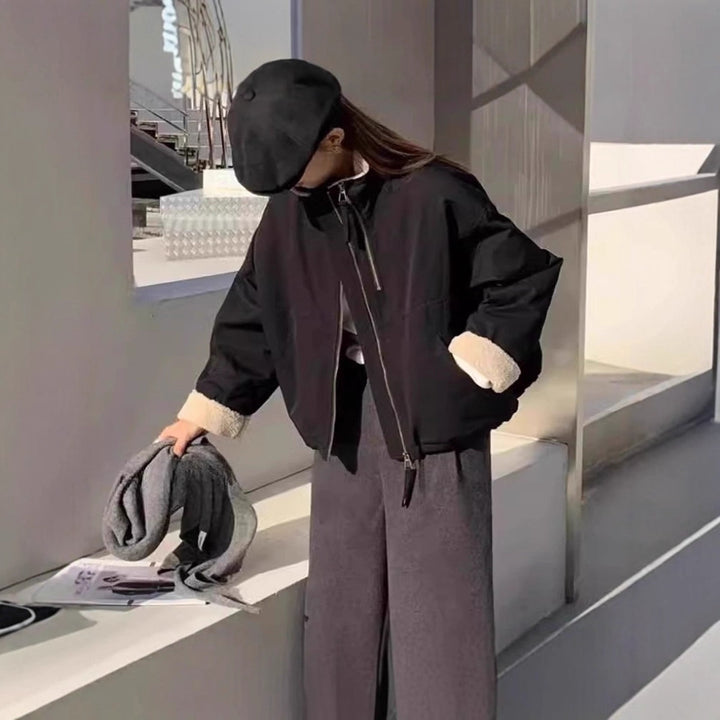 Damen Kurze Oversize Bomberjacke mit Teddyfutter an Bündchen und Stehkragen Drune