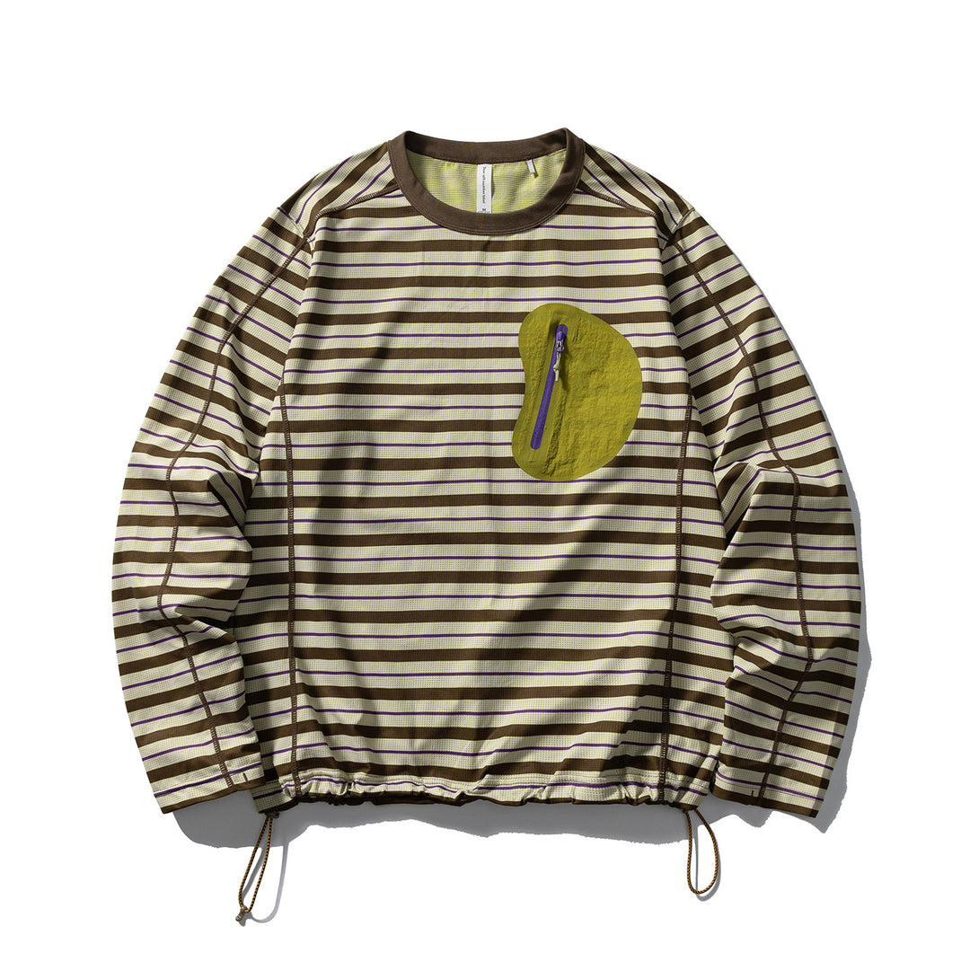 Unisex Langärmliges Gestreiftes Performance-Sweatshirt mit Brust-Reißverschlusstasche und Tunnelzug Drune