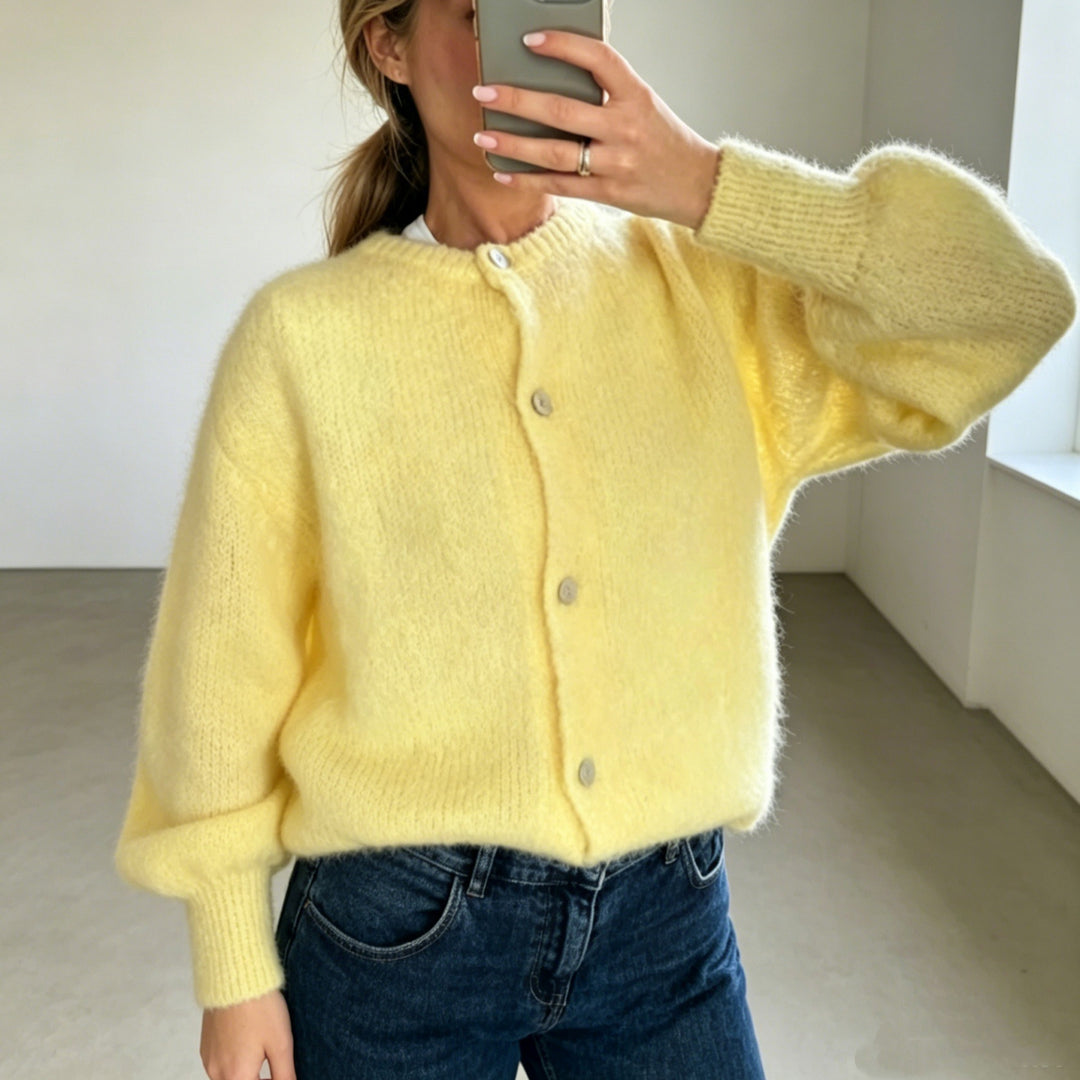 Damen Kuschelige Mohair-Optik Strickjacke mit Rundhals und Ballonärmeln Drune
