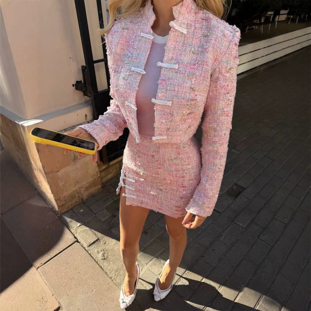 Damen Tweed-Zweiteiler Kurzjacke und Minirock im Bouclé-Stil Drune