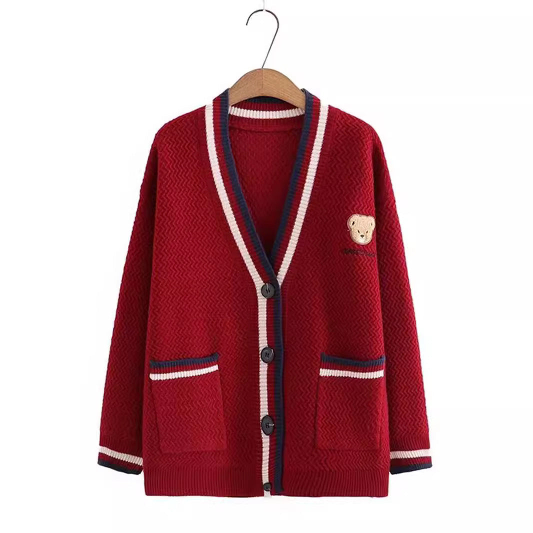 Damen Strickjacke mit Bärenmotiv und Kontraststreifen Drune