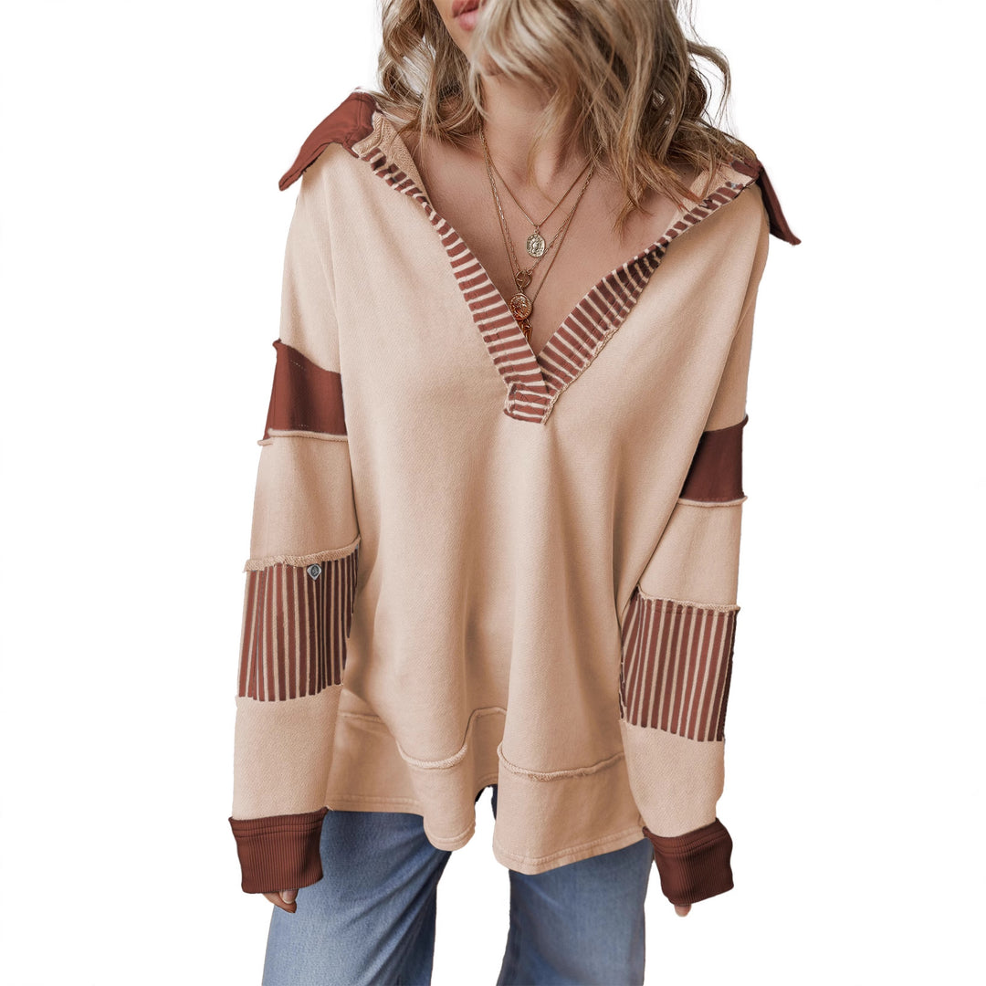 Damen Oversize Sweatshirt mit V-Ausschnitt, gestreiften Ärmelaufsätzen und Kontrastdetails Drune