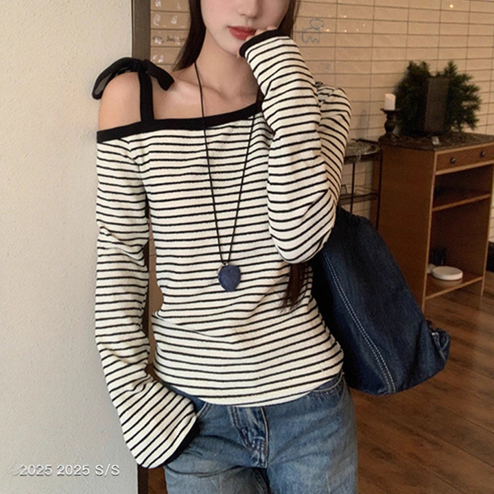 Damen Off-Shoulder Langarmshirt mit Streifenmuster Drune