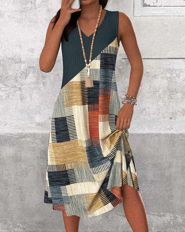 Damen nan ärmelloses V-Ausschnitt Midikleid mit diagonalem Patchworkmuster und geripptem Oberteil Drune