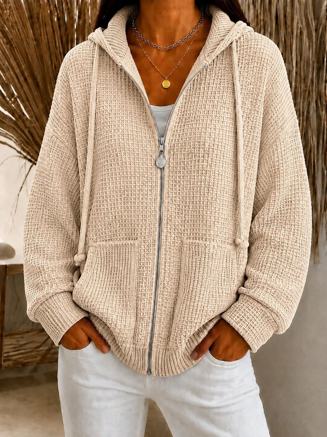 Damen Oversize Waffelstrick-Kapuzenjacke mit Reißverschluss und aufgesetzten Taschen Drune