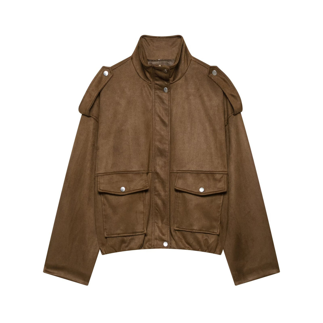 Damen Cropped Field-Jacke in Wildlederoptik mit Stehkragen, Schulterklappen und großen Pattentaschen Drune