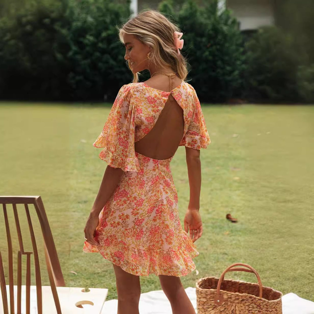 Damen Mini-Wickelkleid mit voluminösen Ärmeln und romantischem Rückenausschnitt Drune