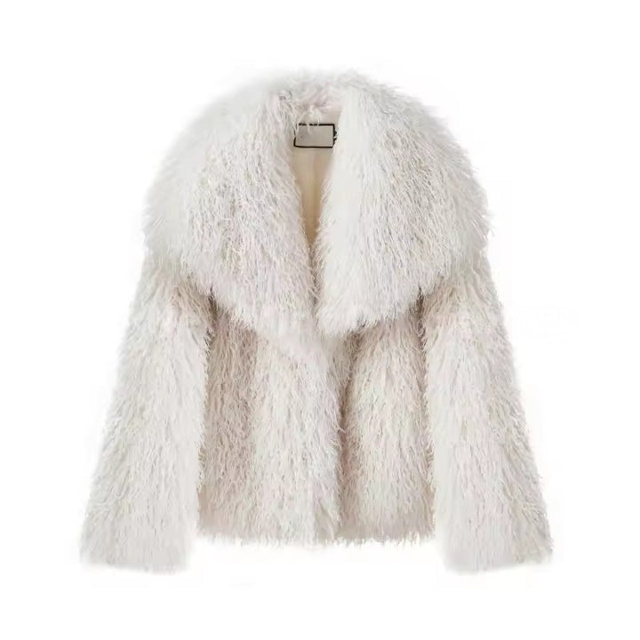 Damen Kurzjacke aus langflorigem Kunstpelz mit voluminösem Schalkragen Drune