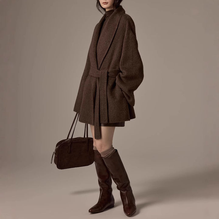 Damen Oversized Wollmantel mit Gürtel Drune