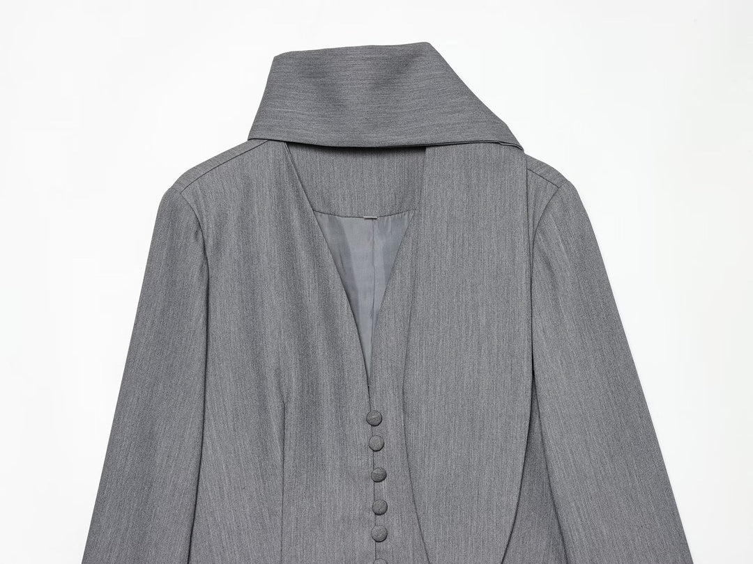 Damen Eleganter Longline-Blazer mit hohem Funnelkragen und überziehbaren Stoffknöpfen Drune