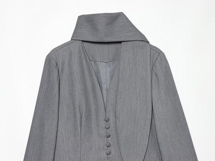 Damen Eleganter Longline-Blazer mit hohem Funnelkragen und überziehbaren Stoffknöpfen Drune