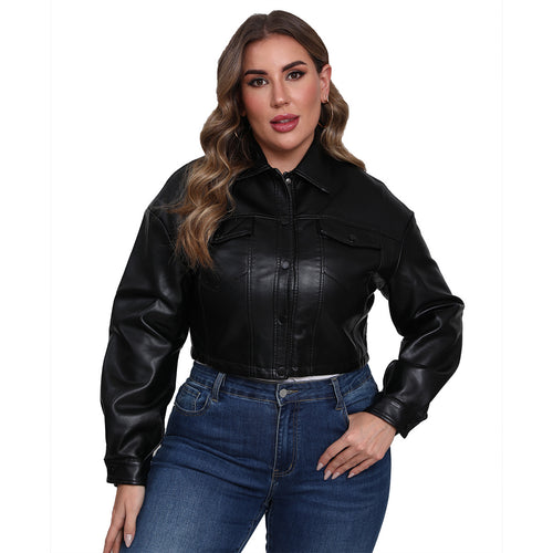 Damen nan kurze Oversized-Kunstlederjacke im Trucker-Stil mit Pattentaschen und verdeckter Druckknopfleiste Drune