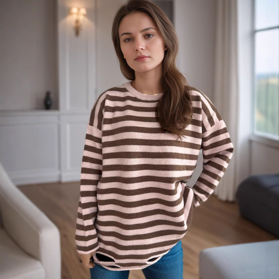 Damen gestrickter Oversized-Pullover mit lässigem Streifenmuster Drune