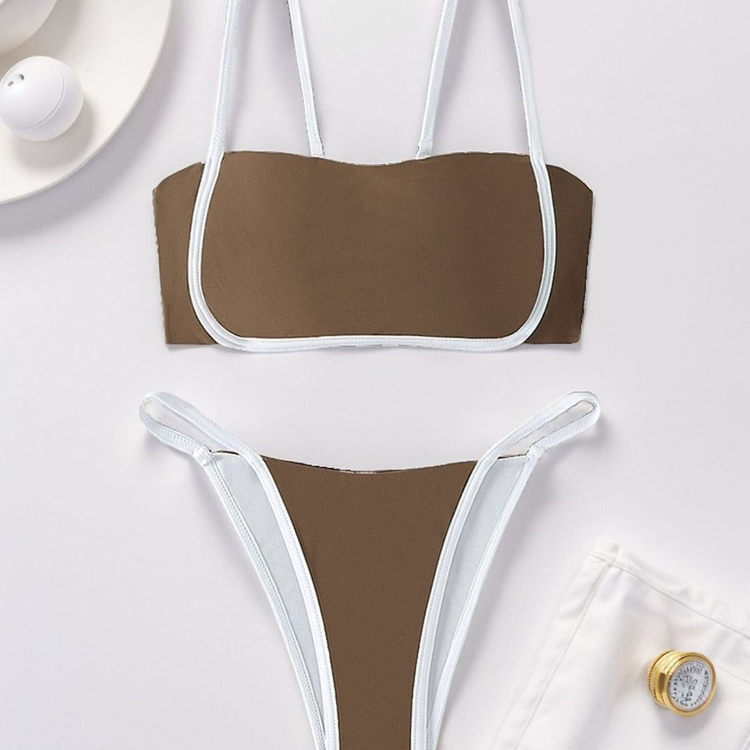 Damen Bandeau Bikini mit hohem Beinausschnitt und verstellbaren Trägern Drune