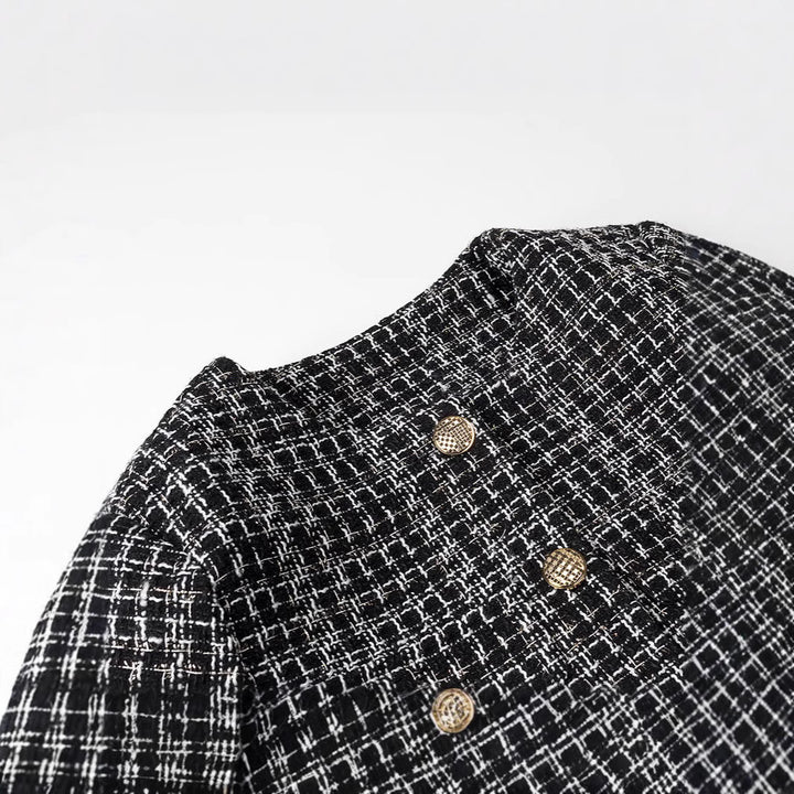 Damen Bouclé-Tweed-Jacke mit Zierknöpfen und kastiger Cropped-Silhouette Drune
