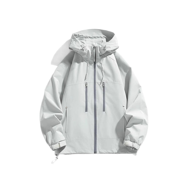 Unisex leichte wasserabweisende Kapuzenjacke mit zwei vertikalen Brustreißverschlusstaschen und verstellbarem Saum Drune
