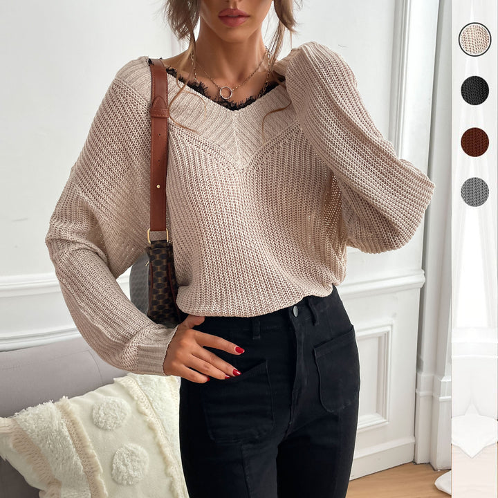 Damen Oversize V-Ausschnitt Strukturstrick-Pullover mit überschnittener Schulter und lockerer Silhouette Drune