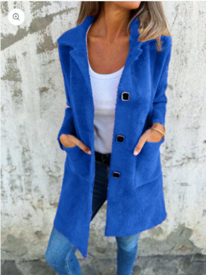 Damen Teddy-Mantel mit Oversize-Kragen, dekorativen Knöpfen und Eingrifftaschen Drune