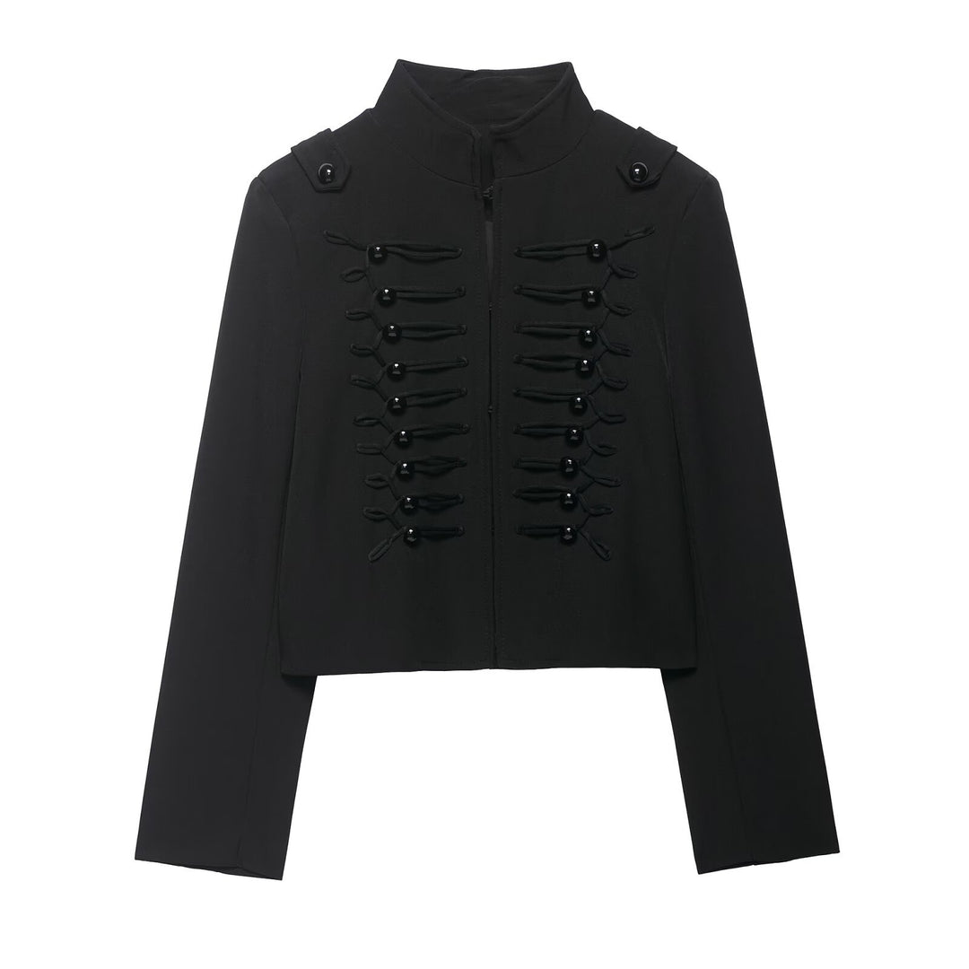 Damen Cropped Militärblazer mit Stehkragen und dekorativen Froschverschlüssen Drune