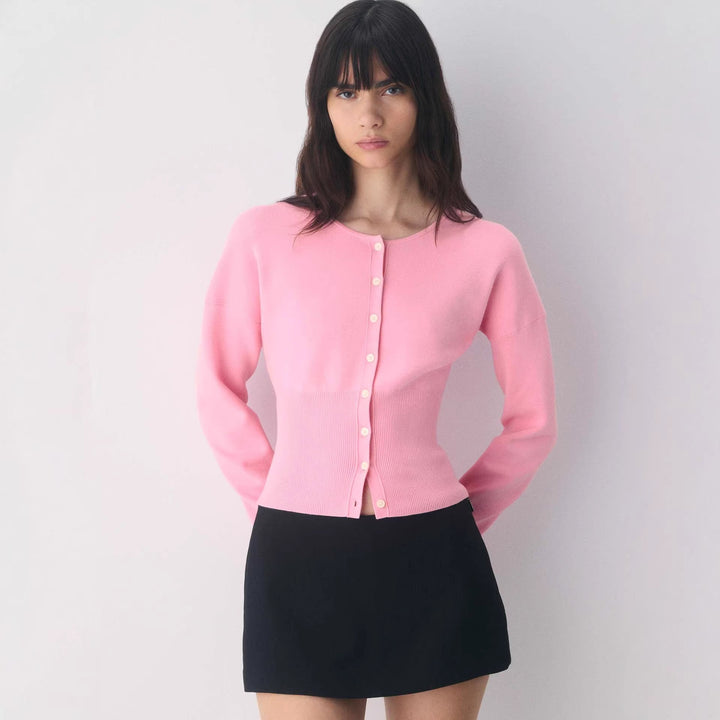 Damen Cropped Strickjacke mit Knopfleiste und Rippstrick Drune