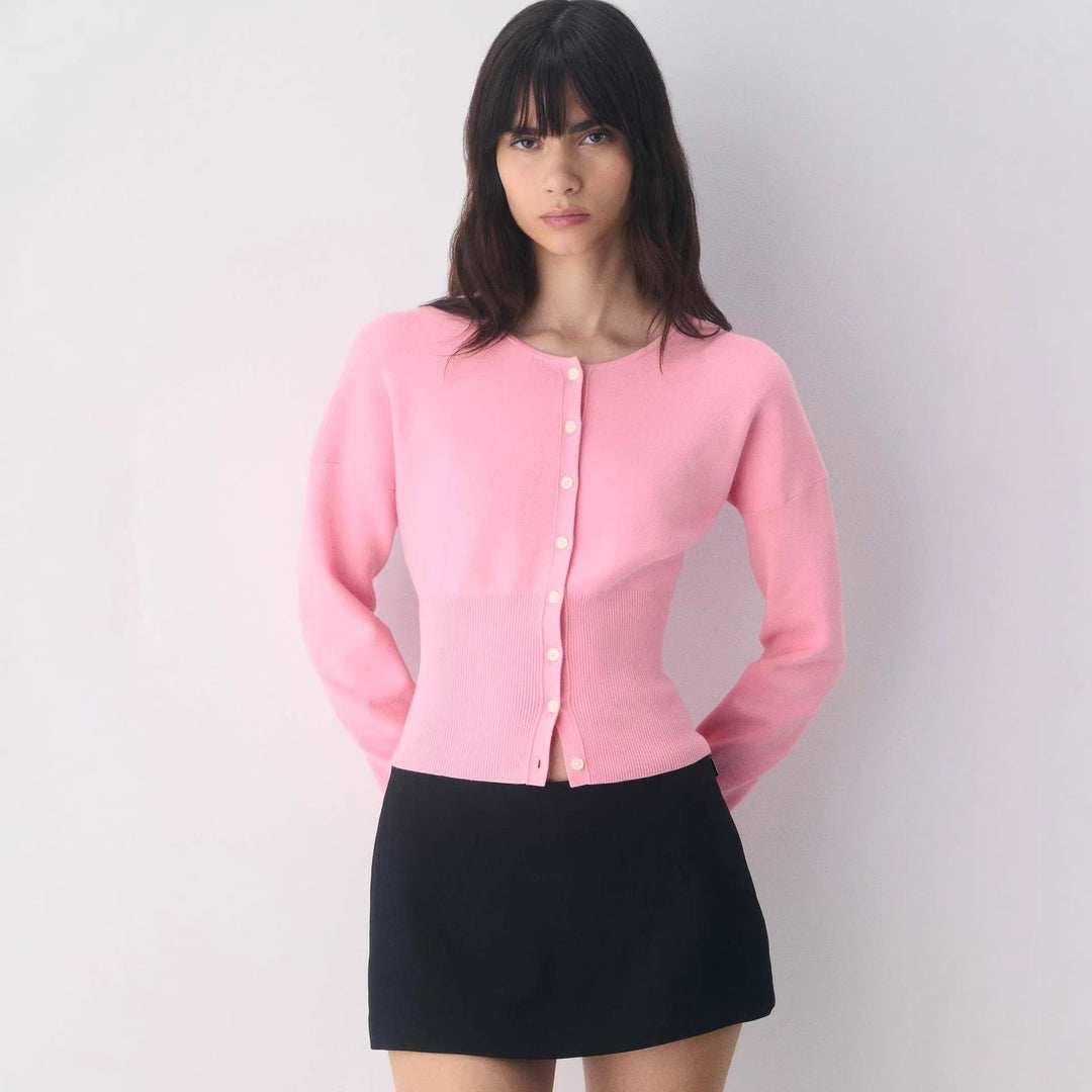 Damen Cropped Strickjacke mit Knopfleiste und Rippstrick Drune