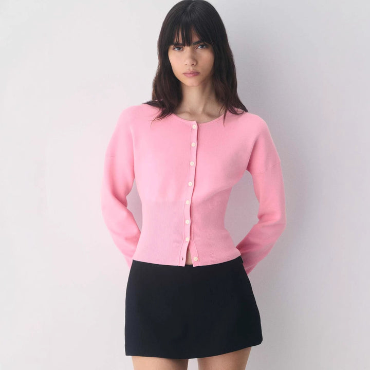 Damen Cropped Strickjacke mit Knopfleiste und Rippstrick Drune