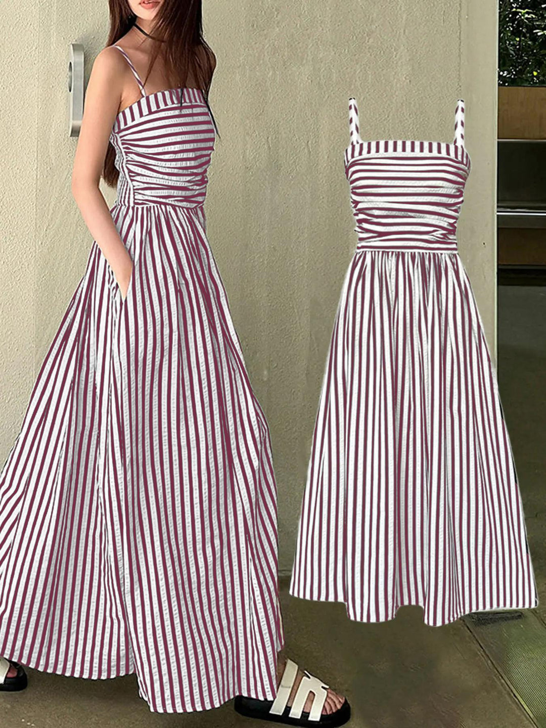 Damen Maxikleid mit schmalen Trägern und raffinierten Falten Drune