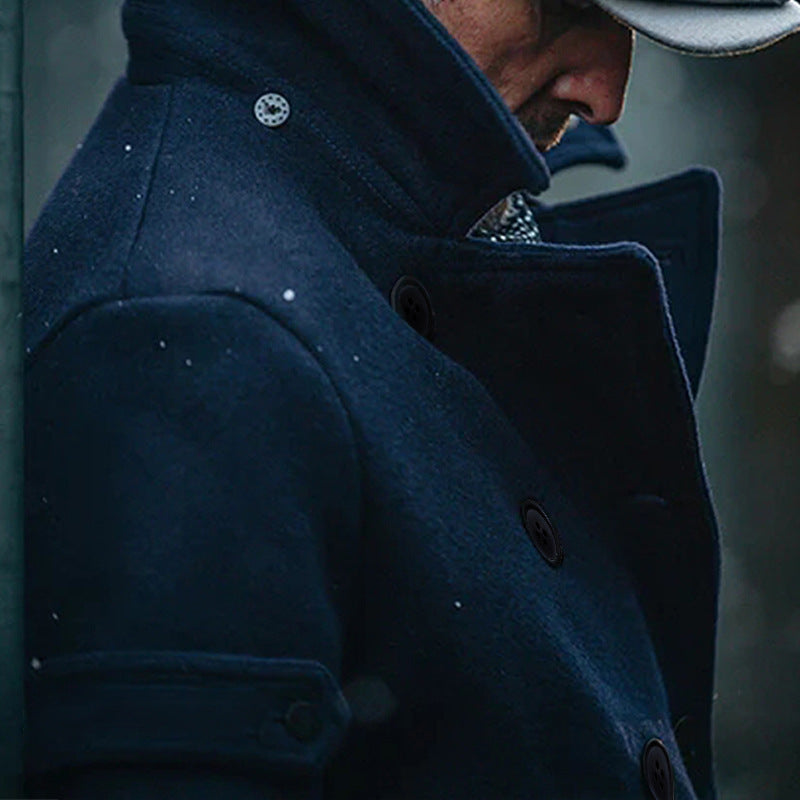 Herren Doppeltreihiger Wollmantel im Peacoat-Stil mit hohem Kragen Drune
