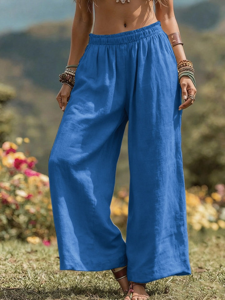 Damen Weite Leinenoptik Palazzo‑Hose mit elastischem Bund und Taschen Drune
