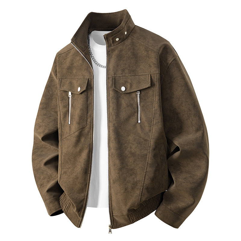 Herren Velours-Imitat Übergangsjacke im Bomberstil mit Stehkragen, Druckknopfleiste & elastischen Bündchen Drune