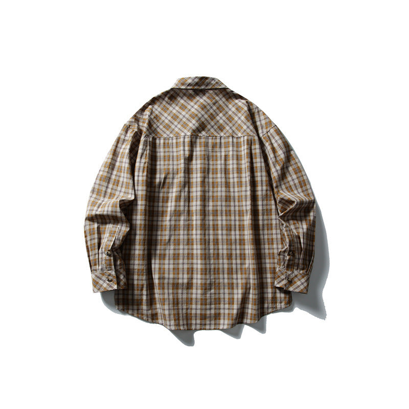 Unisex Oversize Kariertes Hemd mit Stehkragen, Brusttasche und gerundetem Saum Drune
